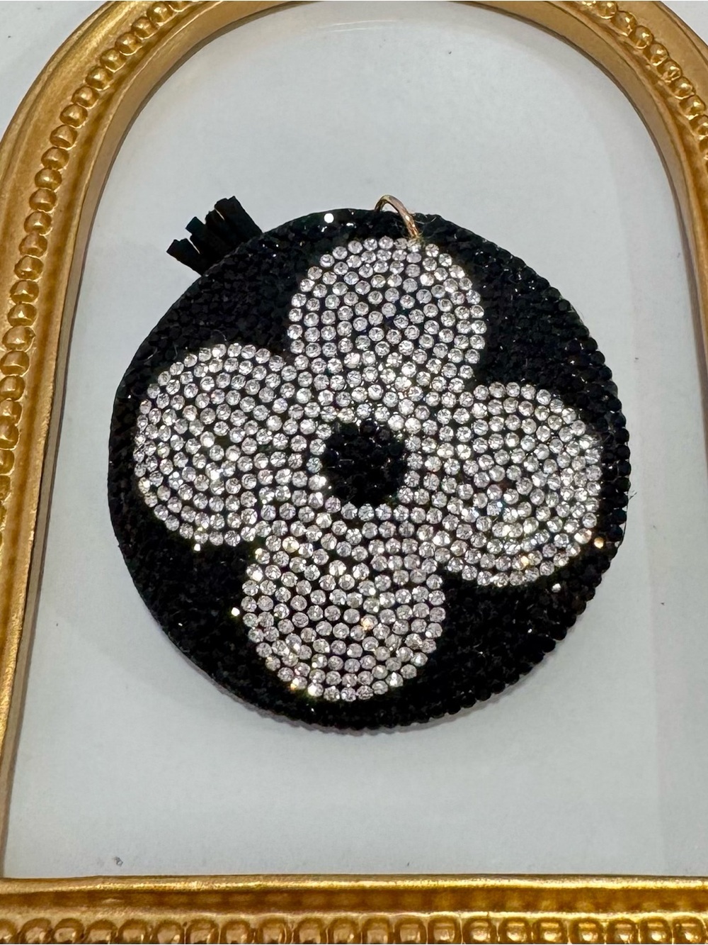 New Round Crystal Black/Silver Flower Motif Keychain Bag Chain